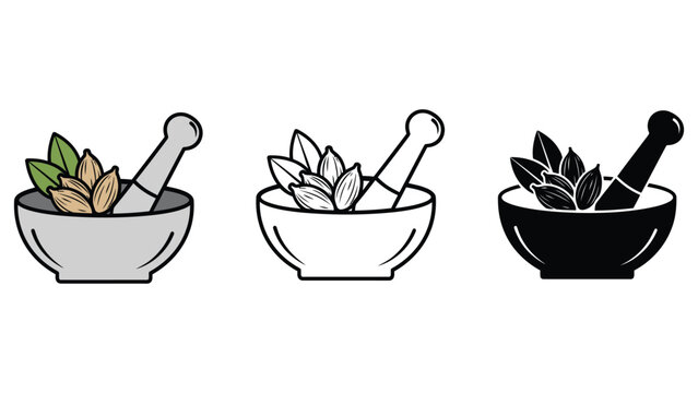 A set of mortar and pestle icons with herbs in different colors