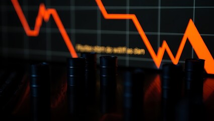 Oil barrels with falling price chart illustrate declining crude oil market, economic slowdown, financial risk, energy sector volatility, fuel cost pressure, global trade uncertainty worldwide.