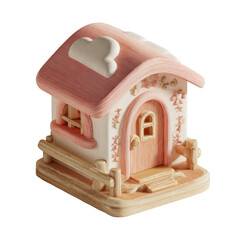 Whimsical miniature cottage with pink roof, cloud chimney, and floral accents