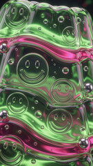 Abstract 3D liquid texture featuring embossed smiley faces in vibrant neon green and pink hues perfect for modern digital backgrounds and creative web design projects.