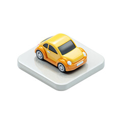 Isometric view of a small, bright yellow and orange cartoon car resting on a white platform