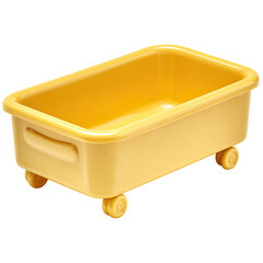 Small, yellow plastic storage bin with rounded corners and wheels on a transparent background