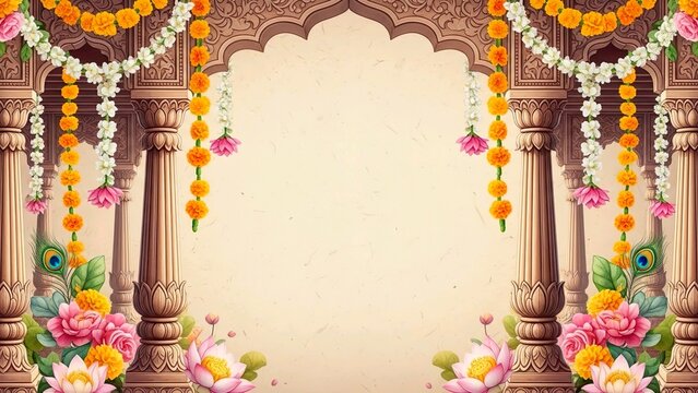 Ornate Indian Wedding Frame Stone Pillar Marigold Garland Watercolor