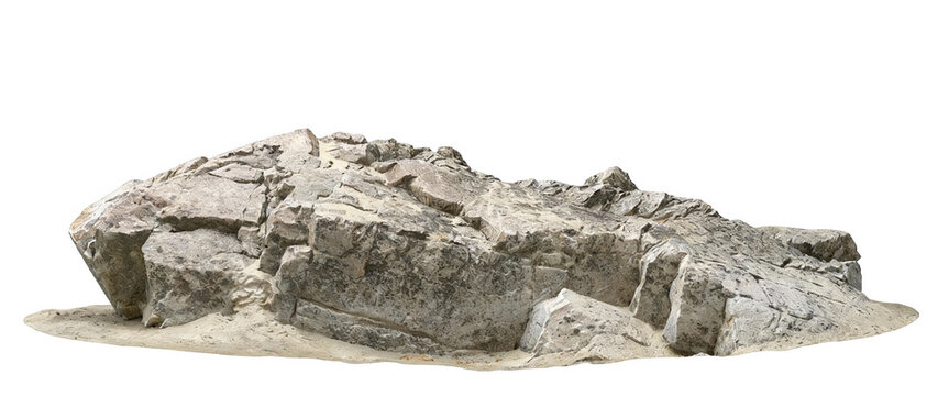 A large rocky formation with a sandy base, isolated on a white background. The rock features varied textures and is a natural geological structure. Ideal for geology and nature-related themes.