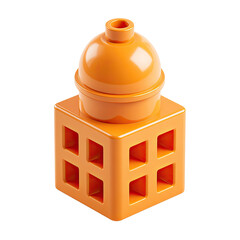 Glossy orange abstract building block model with a rounded top, cube base, and square holes