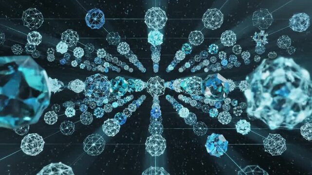 Abstract Digital Art Futuristic Network of Glowing Crystal Geodes in Deep Space