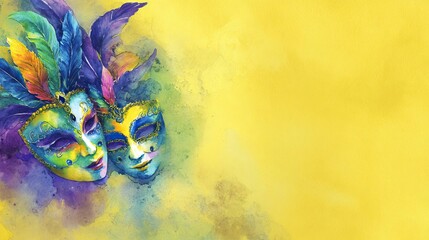 Colorful Watercolor Carnival Masks with Feathers on Yellow Background