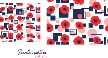 Seamless floral geometric pattern vector with red poppy flowers abstract shapes modern decorative background design