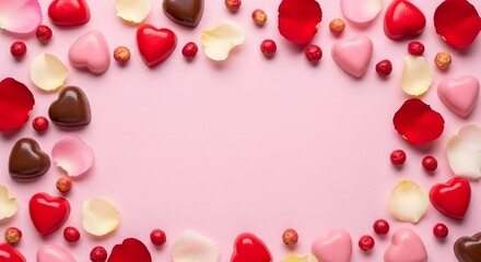 Pink background framed by various heart shaped chocolates and delicate rose petals ideal for romantic holiday greetings or sweet dessert promotions