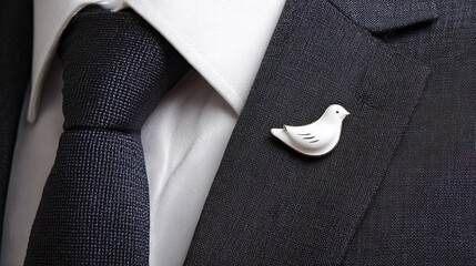 Dove-shaped lapel pin adds grace to formal attire with minimalist white style with copy space on right side --ar 16:9 --raw --stylize 120 --v 7 Job ID: 7a983517-d890-4d53-a9cb-4c828590a843