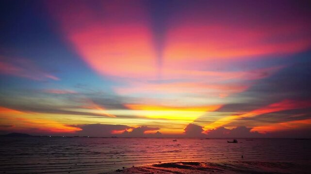 Sunset shines through the clouds with sea surf, Natural phenomenon