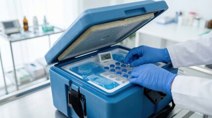 Medical professional in white lab coat and blue gloves is handling vials inside a blue cooler filled with ice packs, in a clinical environment with various medical supplies arranged in the background