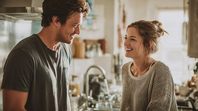 a joyful young newlywed couple sharing a happy moment and light conversation while washing dishes together in a warm, sunlit kitchen during the golden hour.