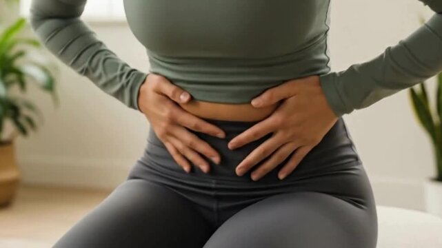 Woman in green top pressing stomach suffering from menstrual cramps or abdominal pain
