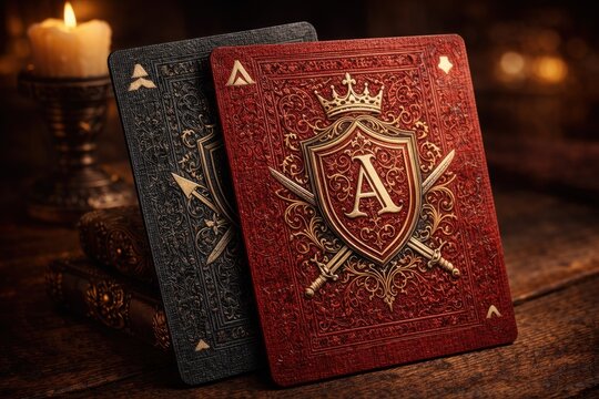 Two luxury ace playing cards with golden royal shield and swords on wooden table with candlelight glow