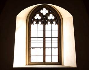 Ornate gothic style church window casting light into a dark interior space