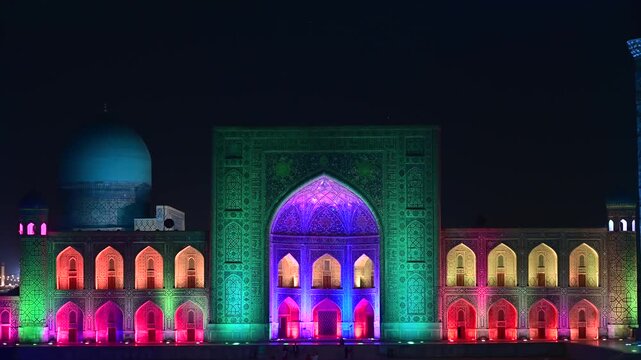 Tilya Kori Madrasa Shifting Night Colors in Samarkand, Uzbekistan