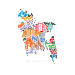 Naklejka premium A colorful illustration of Bangladesh’s map, filled with iconic landmarks, architecture, bridges, rivers, hills, and a train. symbolizing the country’s culture, heritage, and modern development.