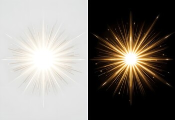 Realistic Sunburst and Star Flare Set on Light and Dark Backgrounds, Sparkling Gold Starburst with Light Rays and Particles