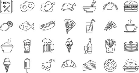 Food and drink outline icon set vector illustration featuring restaurant menu items, fast food, desserts, beverages, and meal symbols in line style