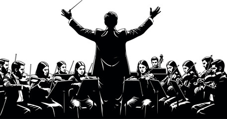 Orchestra conductor silhouette illustration, classical symphony performance, musicians playing violins, dramatic concert scene, black vector art, isolated white background design © Masud World