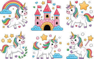 Obraz premium Cute Unicorn Fantasy Vector Set Rainbow, Castle & Magical Elements