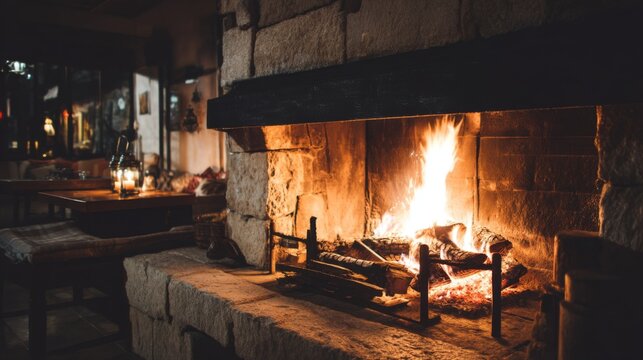 Cozy wooden fireplace surrounded by rustic decor creating a warm atmosphere in a charming cabin or cottage during a cold evening