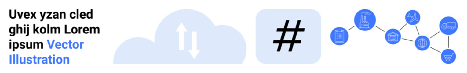 Obraz premium Cloud with sync arrows, bold metadata tag, interconnected nodes with icons represent connection, collaboration, and technology. Ideal for communication, internet, teamwork, networking social media