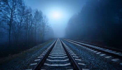 Fototapeta premium Railroad On A Dark Night In Fog