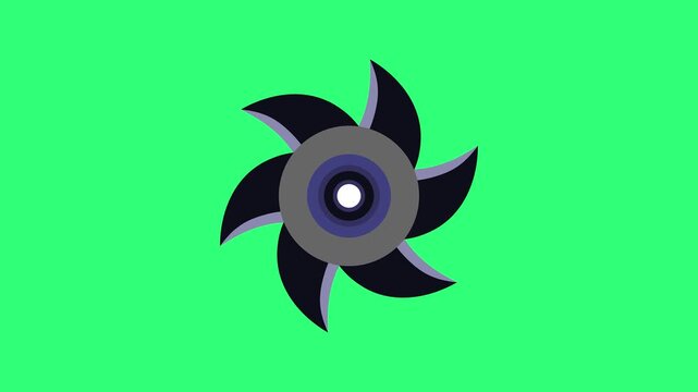 Abstract dark grey and black six-bladed spinning graphic on a vibrant green screen background.