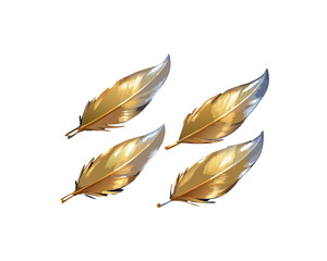 Vector illustration of a golden bird feather isolated on white background, featuring a stylized quill pen drawing element and elegant nature silhouette for art decoration