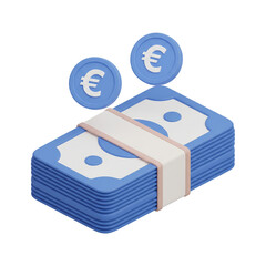 3D Euro Banknotes Stack and Coins