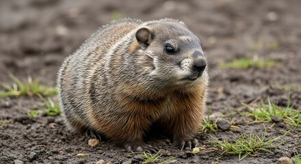 Fototapeta premium Closeup of a groundhog woodchuck sitting on muddy ground outdoors