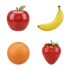 Naklejka premium Fresh red apple, yellow banana, orange, and ripe strawberry isolated on white background, healthy fruit collection for nutrition and snacks