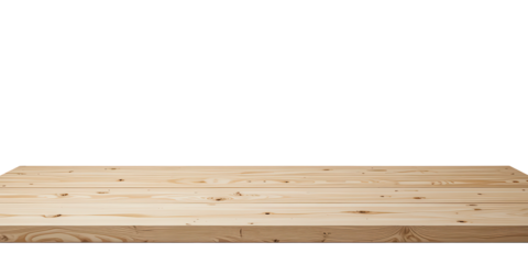 Long wooden plank platform isolated on transparent background, natural wood surface base for product display, mockup layout and presentation design
