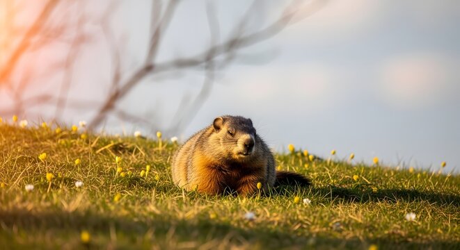 Groundhog or woodchuck resting on grassy hillside during golden hour sunlight