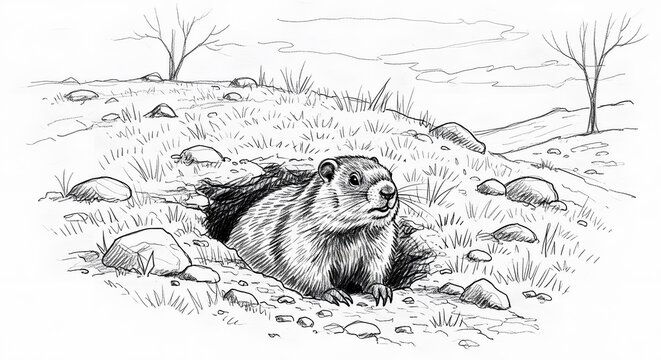 Detailed black and white illustration of a groundhog emerging from its burrow in a grassy, rocky field during early spring