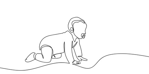 A continuous line art a crawling baby from a side view. One line drawing. Editable stroke.