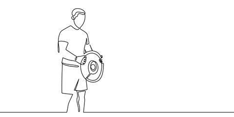 A continuous artistic line a man lifting weight plates in a gym. One line drawing. Editable stroke.