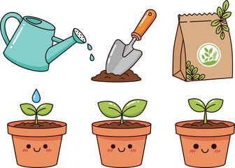 Cute cartoon gardening set with watering can garden trowel soil bag and happy seedling pots isolated on white background for spring hobby and planting © Ajmira