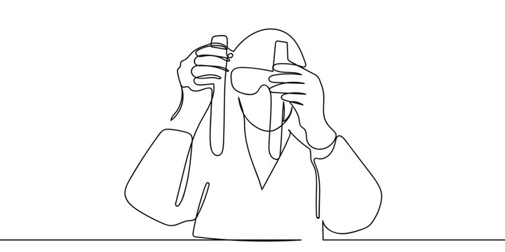 The continuous artistic lines an experimenter holding test tubes in both hands. One line drawing. Editable stroke.