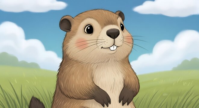 Cute cartoon groundhog or woodchuck standing in a grassy field with a blue sky and white clouds background