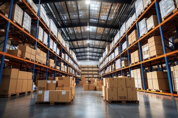 Spacious logistic center featuring organized cardboard boxes on pallet racks.