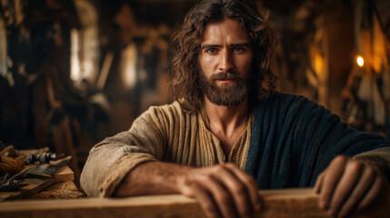 Jesus Christ carefully crafting wooden furniture in a traditional carpentry workshop, using tools with skill, patience, and devotion