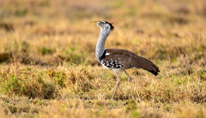 A tall bird with speckled chest and wings strides across a field of dry grass, head and beak upright