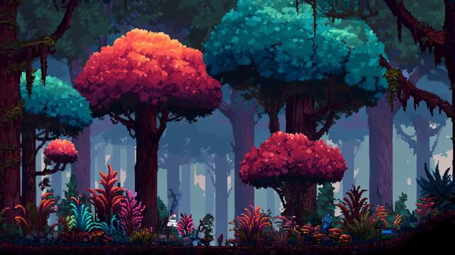 Pixel art style fantasy forest with colorful trees and magical glowing plants in peaceful dreamy atmosphere