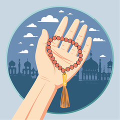 vector illustration of hands holding prayer beads