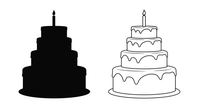 Two tiered birthday cakes one solid black and one outlined in white