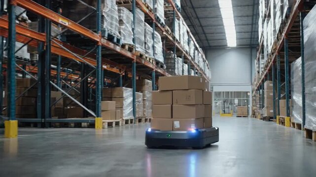 Autonomous robot navigates warehouse aisle, transporting stacked boxes, with shelving units and pallets in background, used for logistics