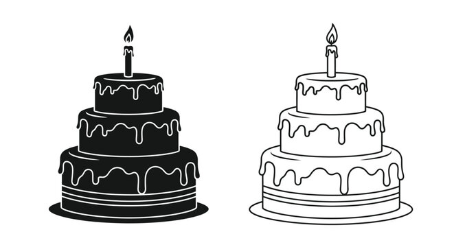 Black and white illustrations of tiered cakes with a single lit candle